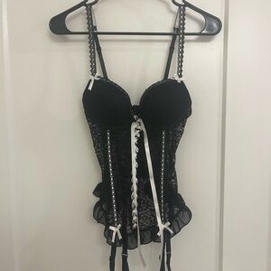 Vintage Y2K Corset Black Lace Bustier with White Accents Coquet